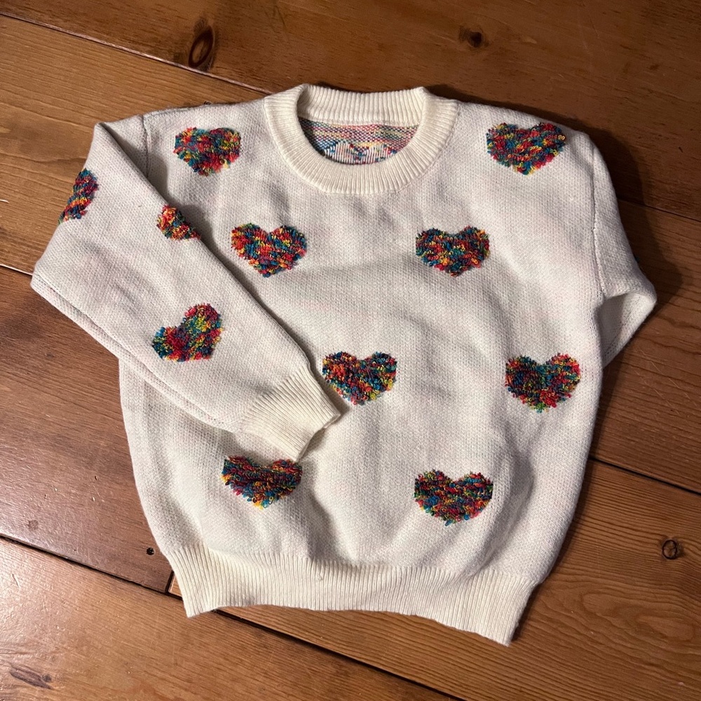 Cream Fuzzy Heart Pattern Knit Sweater Top MEDIUM